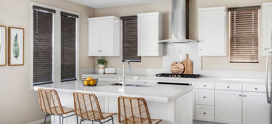 Faux Wood Blinds in a clean kitchen