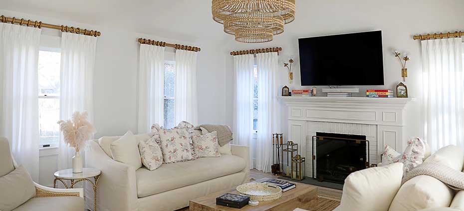 Learn more about White Drapery and Curtain Panels White drapery in a clean white living room