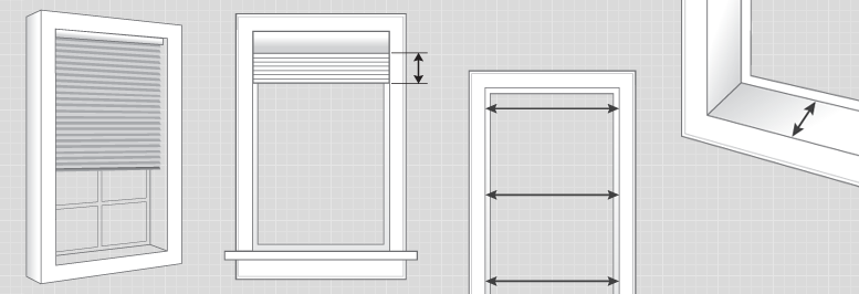 Illustrations showing how to measure windows treatments, including height, width, and depth measurements for accurate installation.