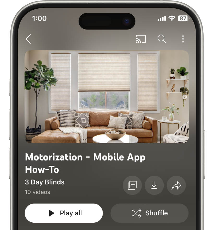 3 Day Blinds mobile app showing motorized shades how-to video playlist on a smartphone screen.