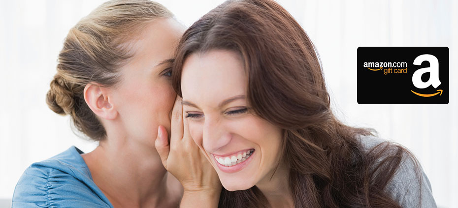 Two women whispering about 3 Day Blinds refer-a-friend program.