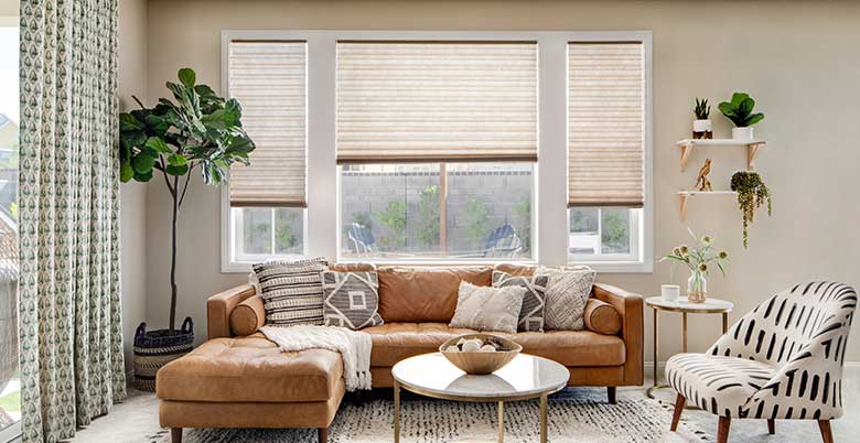 Boho chic living room with custom window treatments