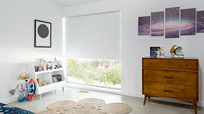 Roller Shades in a space themed bedroom