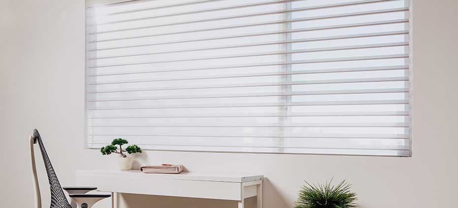 White Horizontal Sheer Shades in a home office