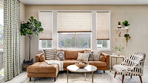 Jumbo Cellular Shades in a boho-chic living room
