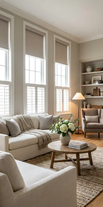 Living Room Window Treatments Roller Shades and Shutters