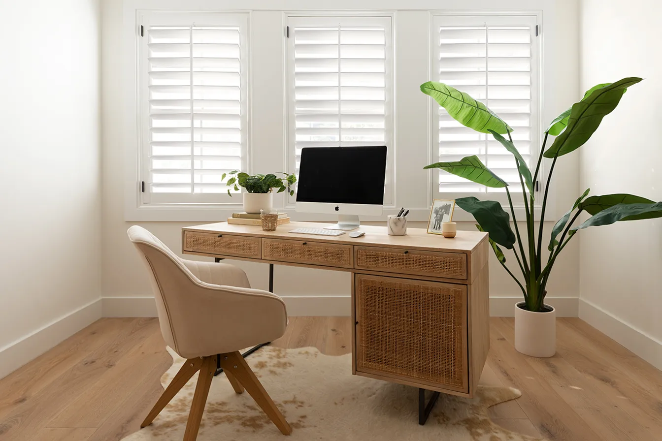 Modern home office with interior plantation shutters